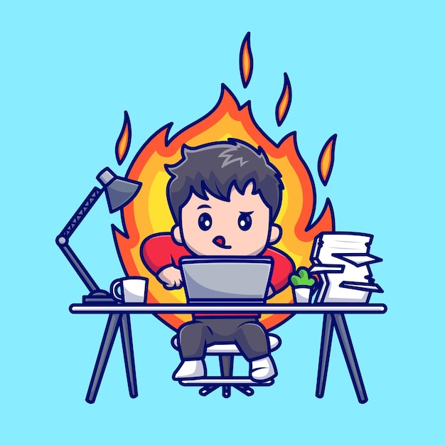Vector cute man working on laptop with fire cartoon vector icon illustration. people technology isolated
