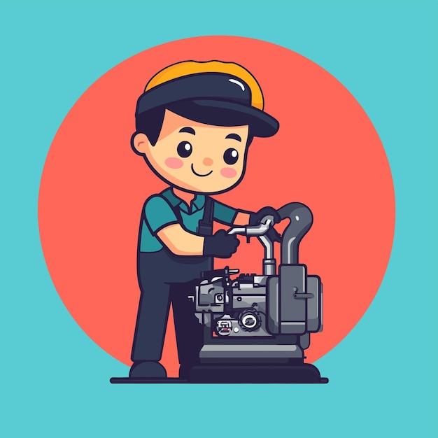 Vector cute mechanic servicing car with new parts vector