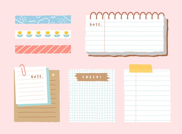 Vector cute memo template a collection of striped notes blank notebooks and torn notes used in a diary or office