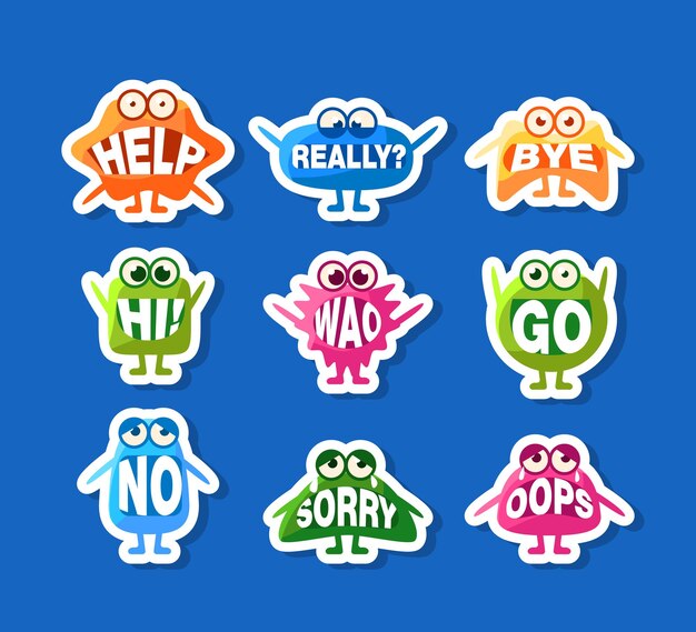 Vector cute monsters stickers set funny emoji characters with words in their mouths vector illustration