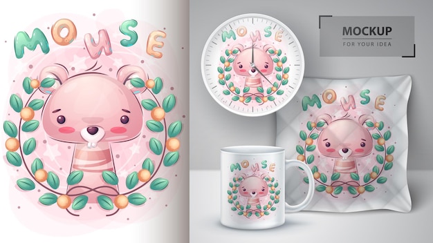 Cute mouse in flower poster and merchandising