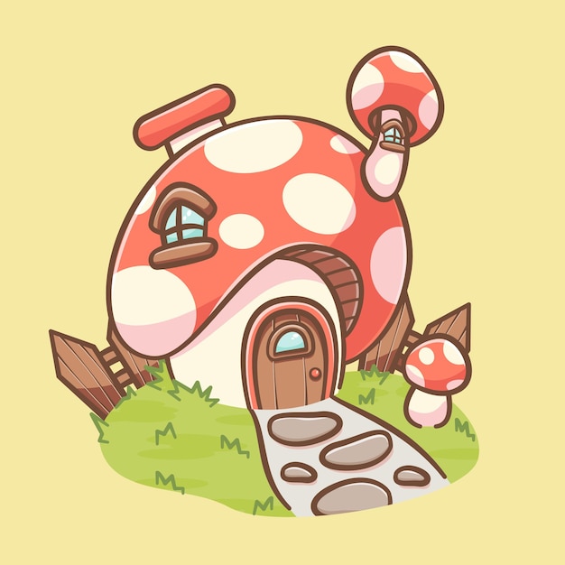 Vector cute mushroom house cartoon illustration