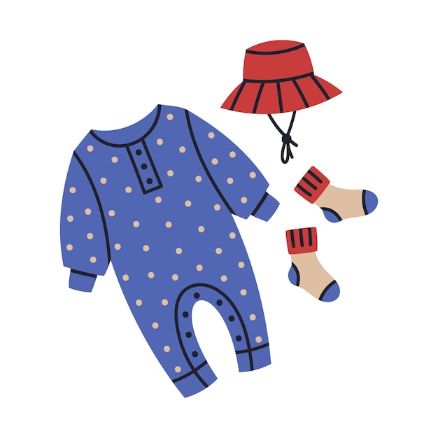 Cute newborn baby outfit cartoon kids girl or boy garments vector nursery illustration