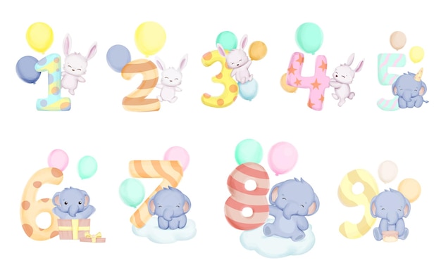 Cute Numbers With Animal Character For Birthday