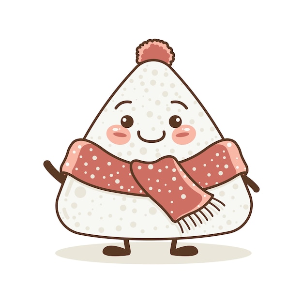 Vector cute onigiri rice japanese food cartoon character wearing pink shawl with smile expression