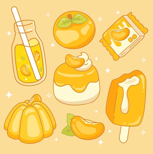 Vector cute orange dessert kawaii food elements