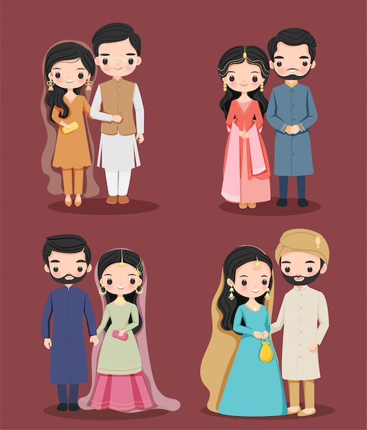 Cute Pakistan couple in traditional dress cartoon character set