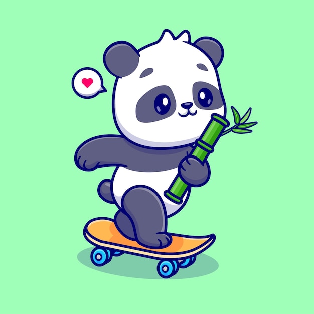 Cute Panda Holding Bamboo On Skateboard Cartoon Vector Icon Illustration Animal Sport Icon Isolated