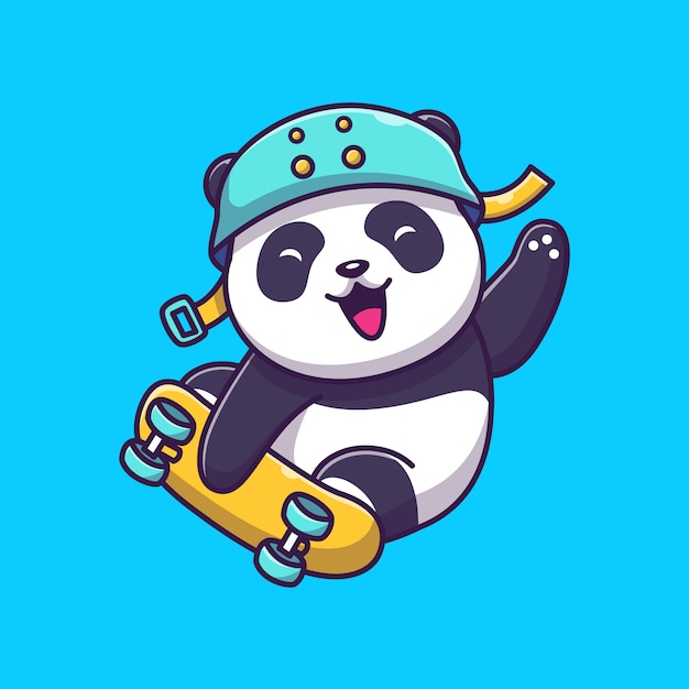 Cute Panda Play Skateboard   Icon Illustration. Panda Mascot Cartoon Character. Animal Icon Concept Isolated