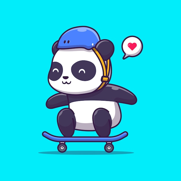 Cute Panda Play Skateboard Illustration. Animal Sport    . Flat Cartoon Style