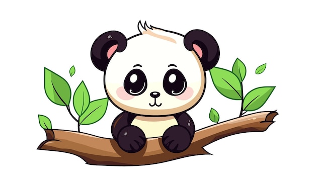 cute panda on a tree branch in flat cartoon style