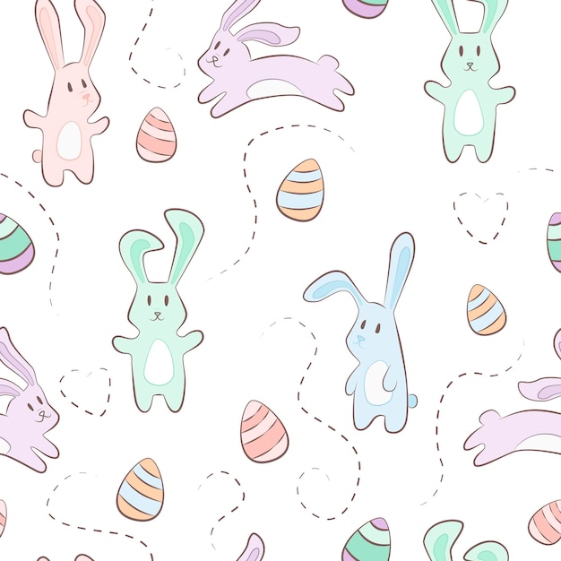 Cute pastel cartoon bunny rabit with eggs Hand drawn vector seamless pattern