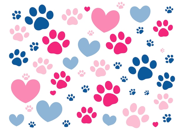 Vector cute paw feet and heart pattern