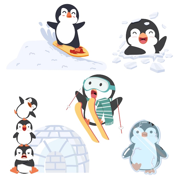 Vector cute penguin activity in winter set