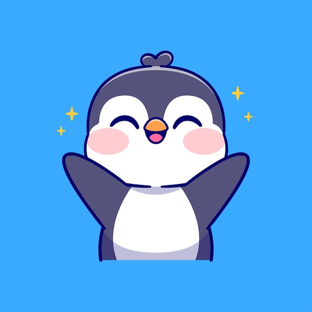 Cute Penguin Happy Rise Hand Cartoon Vector Icon Illustration Animal Nature Icon Concept Isolated