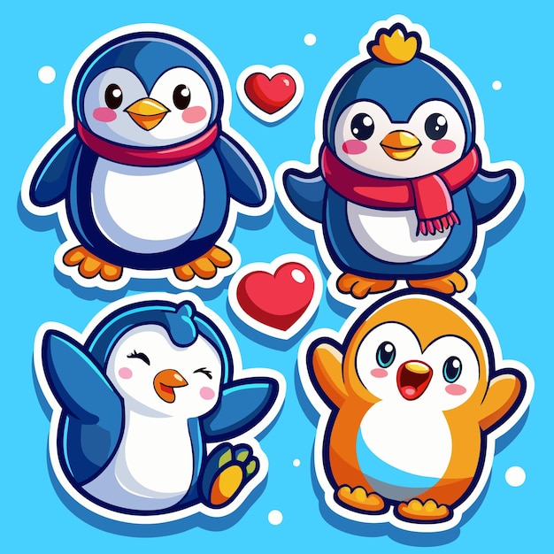 Vector cute penguin stickers with hearts and smiles