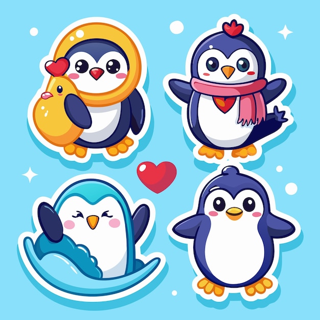 Vector cute penguin stickers with winter fun and love