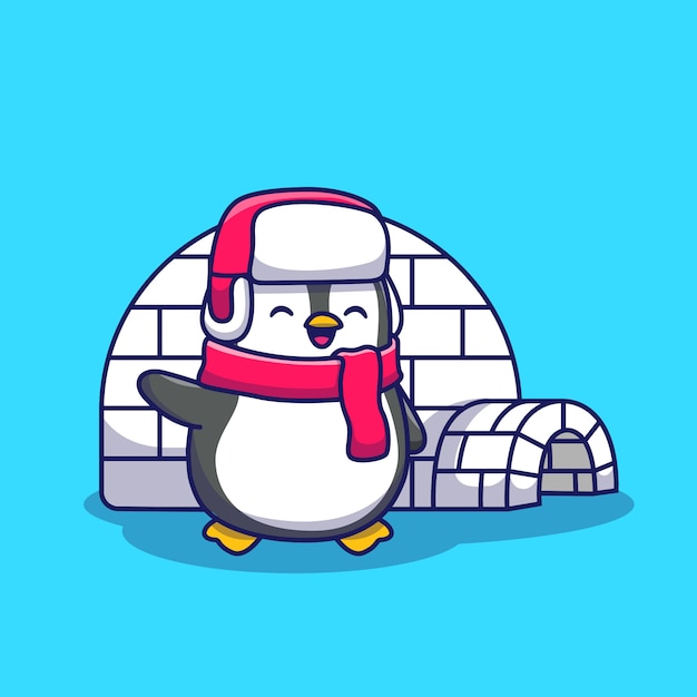 Vector cute penguin with igloo   icon illustration. animal icon concept isolated  . flat cartoon style
