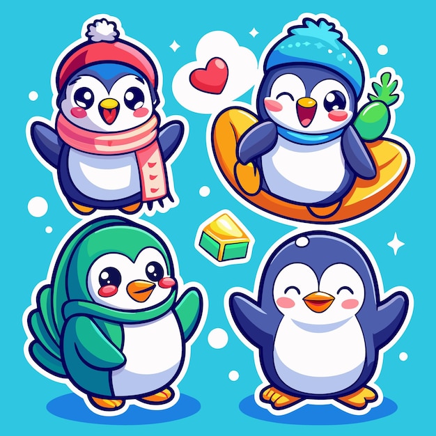 Vector cute penguins enjoying winter fun