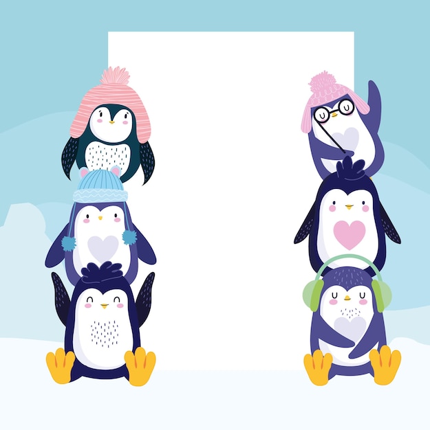 Vector cute penguins with hats