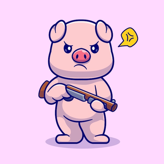 Vector cute pig holding gun pistol cartoon vector icon illustration. animal fashion icon concept isolated