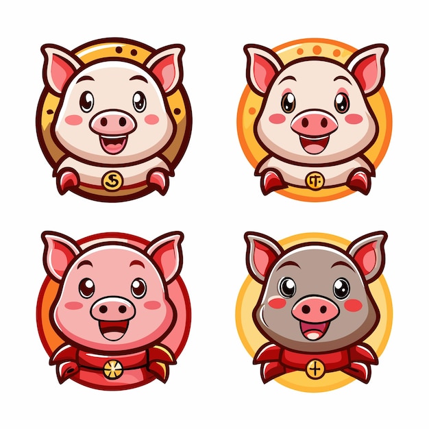 Vector cute pig mascot characters with red collars and chinese symbols