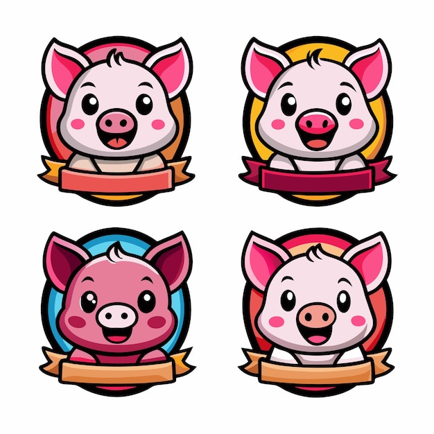 Vector cute pig mascot logo design with ribbon perfect for branding