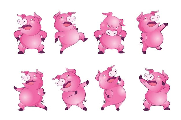 Cute pigs cartoon character cheerful funny dancing many actions