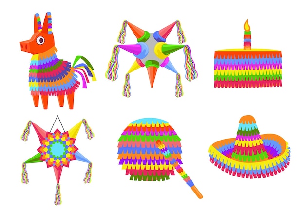 Vector cute pinatas of different shapes vector illustrations set. mexican paper toys in shape of donkey, star, cake, sombrero for birthday party or carnival isolated on white background. celebration concept