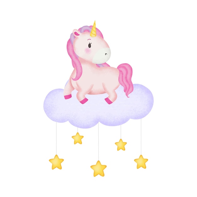 Cute pink unicorn sitting on the cloud