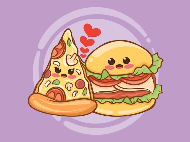 cute pizza slices and burger couple concept. cartoon 