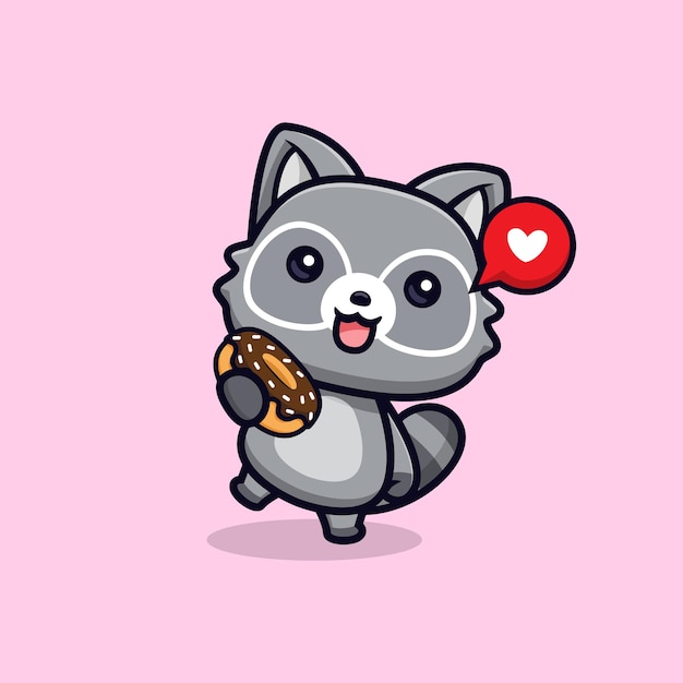 Cute raccoons happy to eat donuts vector animal character illustration