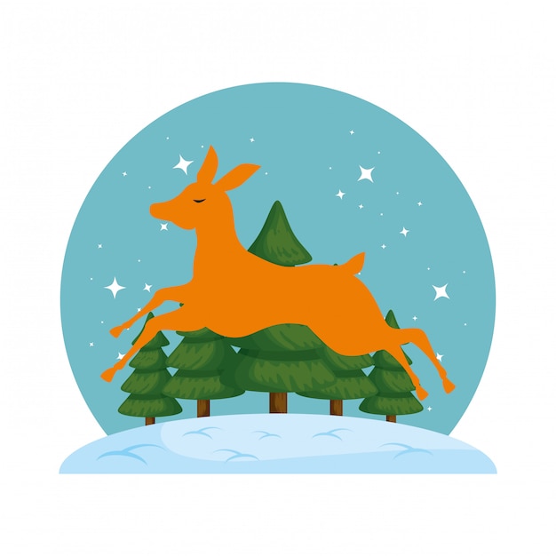 Cute reindeer christmas silhouette with snowscape