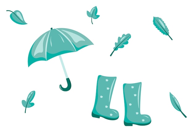 Vector cute rubber boots and umbrellas with leaves set on white background. flat design style.