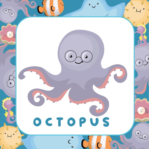 Cute Sea Animal Flashcard for Children. Ready to print. Printable game card. Vector illustration.