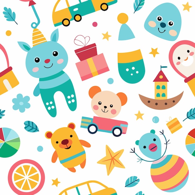 Vector cute seamless pattern with cartoon animals and toys perfect for children39s products