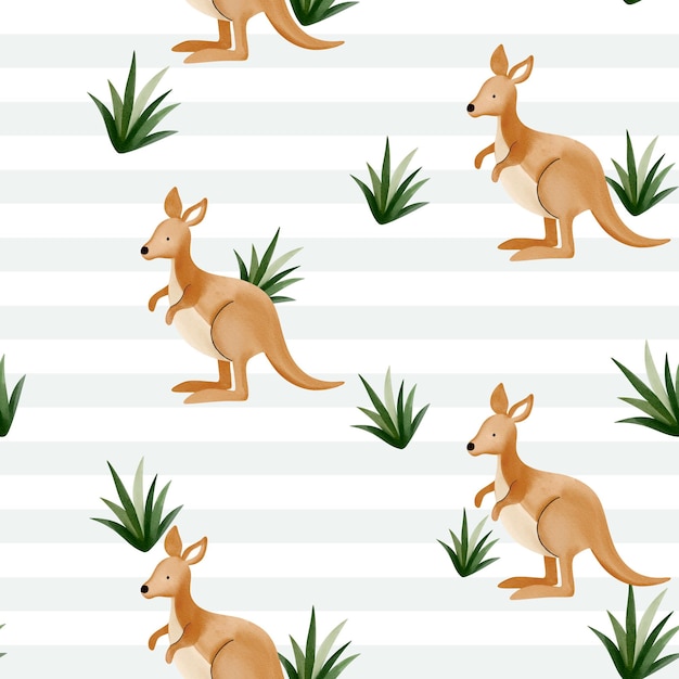 Vector cute seamless pattern with watercolor kangaroo childish wildlife background watercolor baby kangaroo