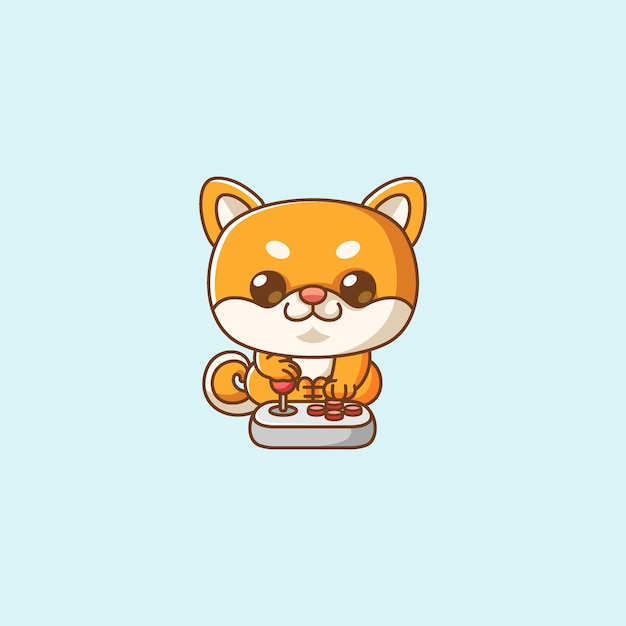 Vector cute shiba inu dog gamer playing game with joystick kawaii chibi character mascot illustration