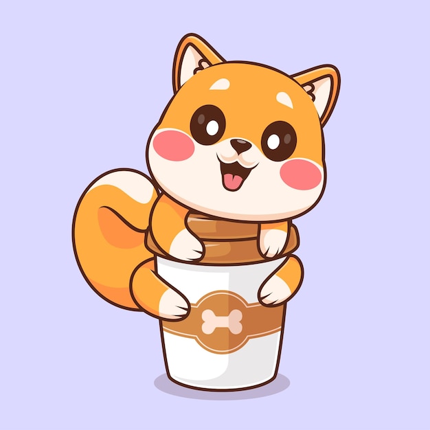 Vector cute shiba inu dog hug coffee cup cartoon vector icon illustration animal drink isolated flat vector