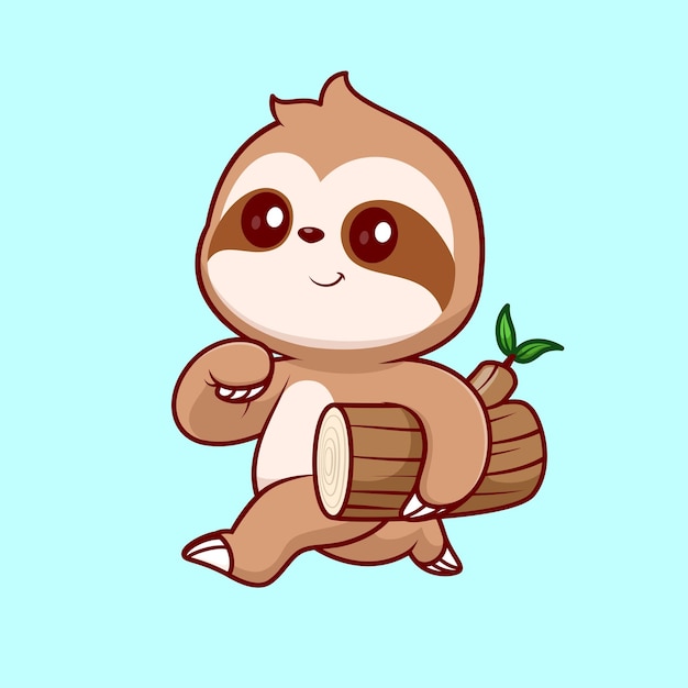 Cute Sloth Running With Wood Tree Cartoon Vector Icon Illustration Animal Nature Icon Isolated Flat