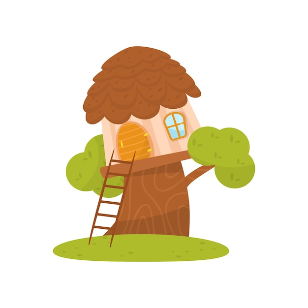 Cute small treehouse fairytale fantasy house for gnome dwarf or elf vector Illustration isolated on a white background