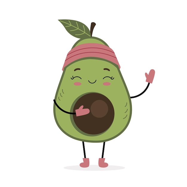 Cute smiling avocado character in winter clothes, mittens waving hand. Printable print for clothes, posters, notebooks, postcards. Cartoon isolated illustration on white background