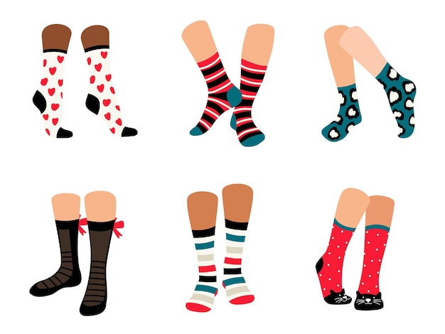 Cute socks. Stylish collection cotton clothes for legs, vector illustration set of beautiful cloth with ornaments to warm isolated on white background