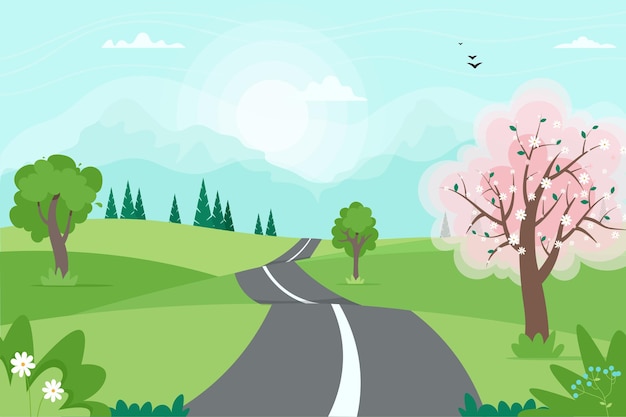 Cute spring road landscape with mountains.  illustration in flat style