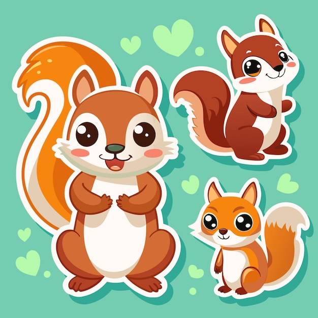 Vector cute squirrel stickers with big eyes and fluffy tails