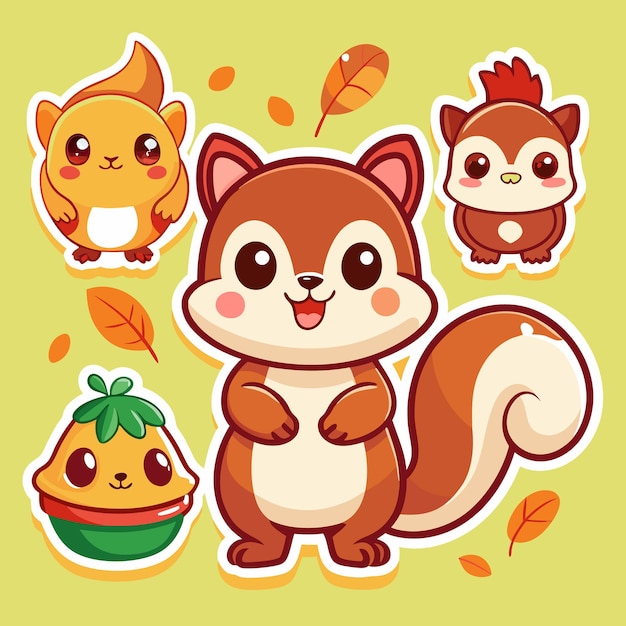 Vector cute squirrel with autumn leaves and friends