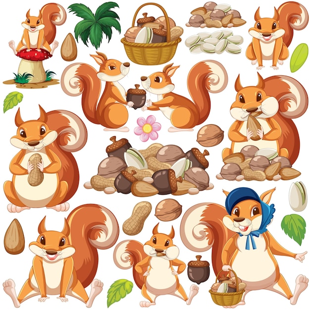 Cute squirrels and pile of nuts