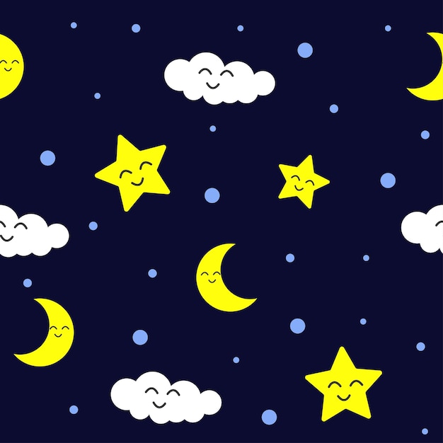 Vector cute stars and moon seamless pattern