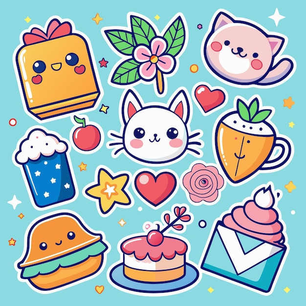 Vector cute stickers with cats cupcakes and hearts