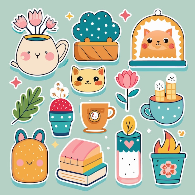 Vector cute stickers with cats plants and drinks